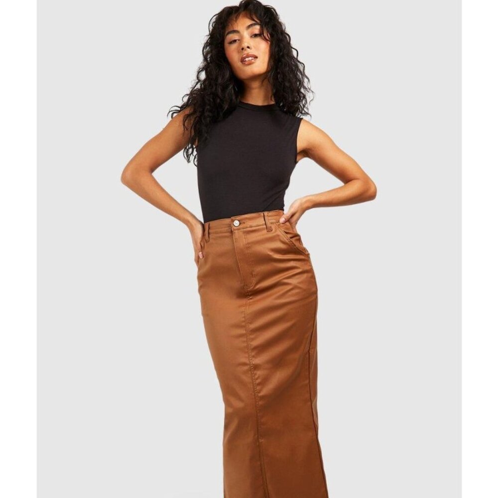 💛 NWT Boohoo Tan Split-Back Midaxi Skirt - Size: 12